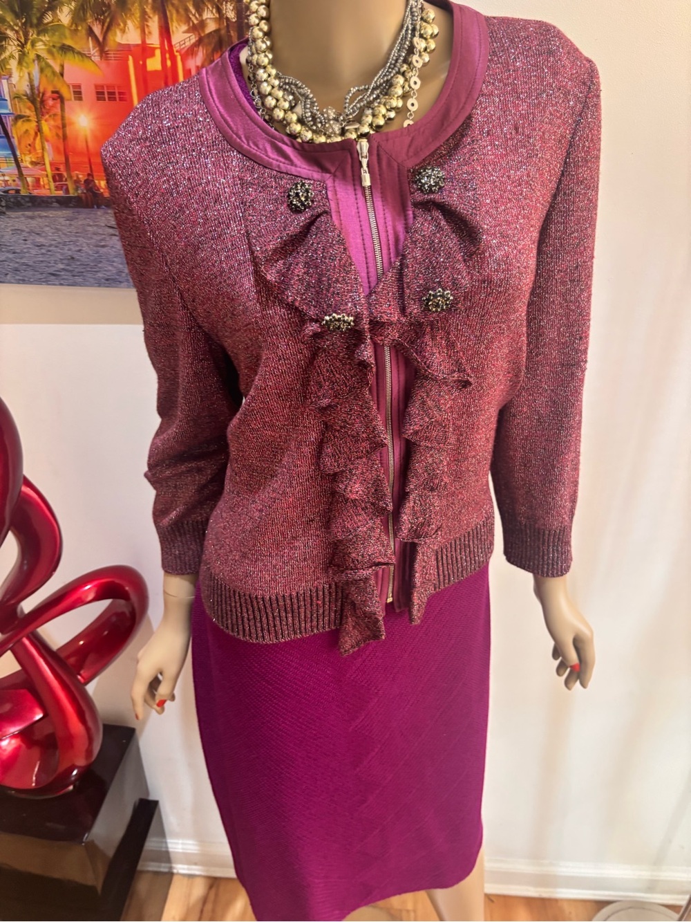 St. John Metallic magenta fuchsia purple Ruffle Knit Jacket dress suit 10 M